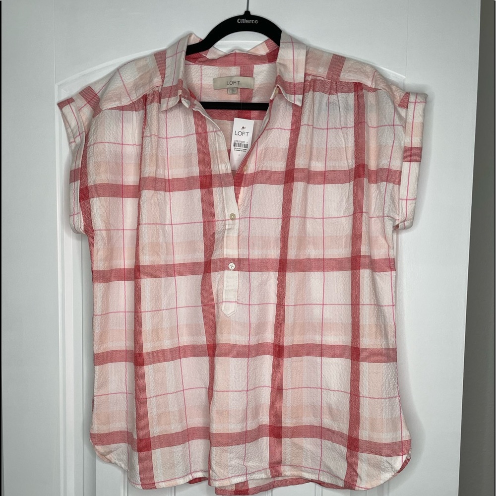 NWT Loft Plaid s/s Button Down Henley SZ L